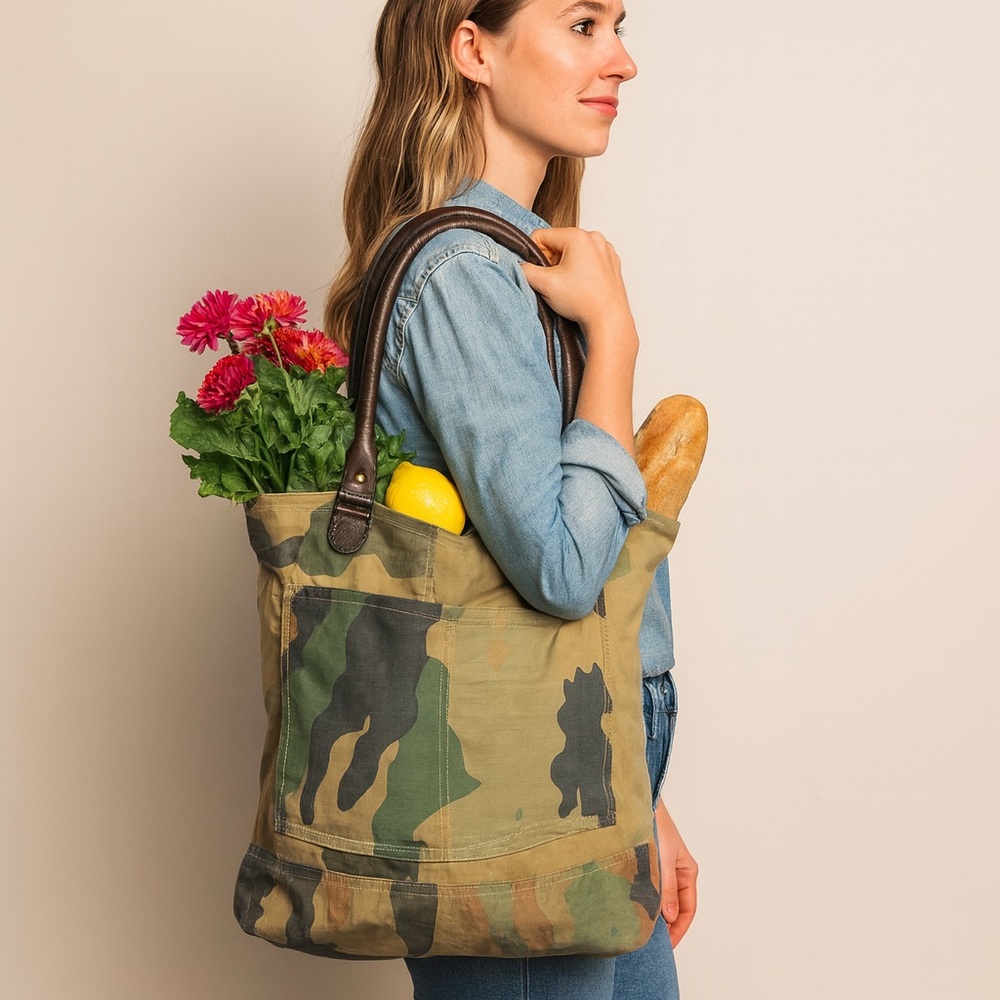 Vintage Addiction Recycled Military Tent Canvas Leather Camo Large Tote Bag New